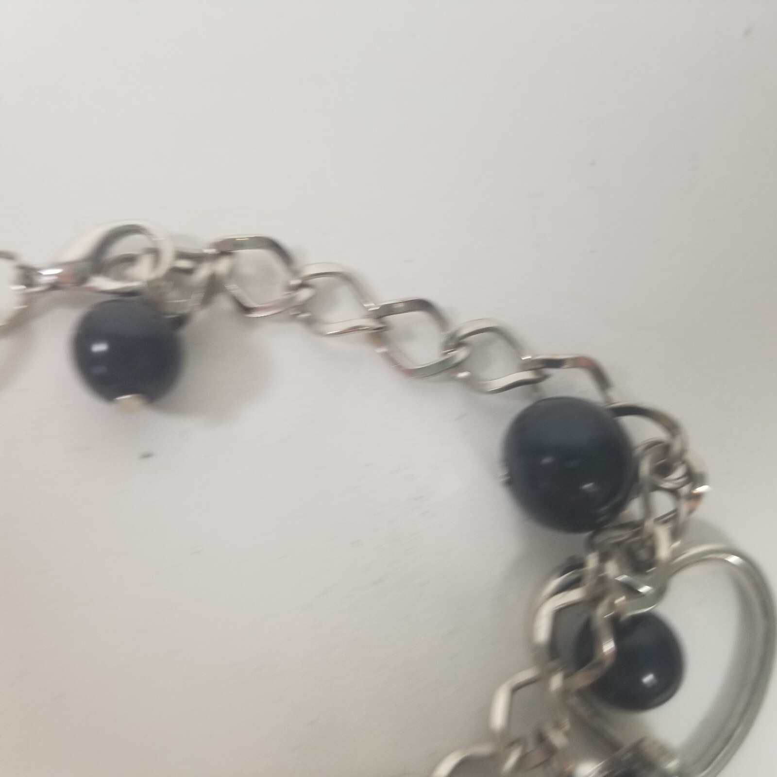 Charm Bracelet Black Silver Tone Heart Glass Bead Dangle 7-9″