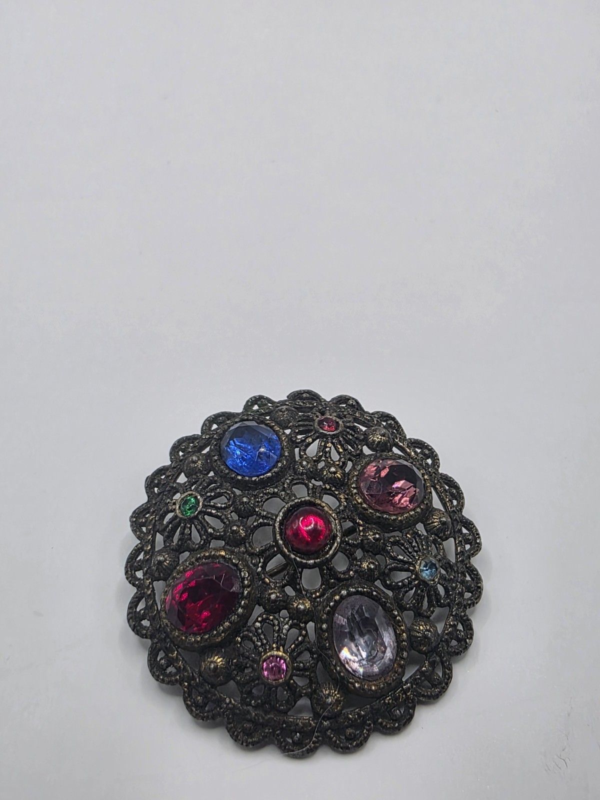 Vintage New England Glass Works Czech Filigree MultiColored Gemstones Pin Brooch