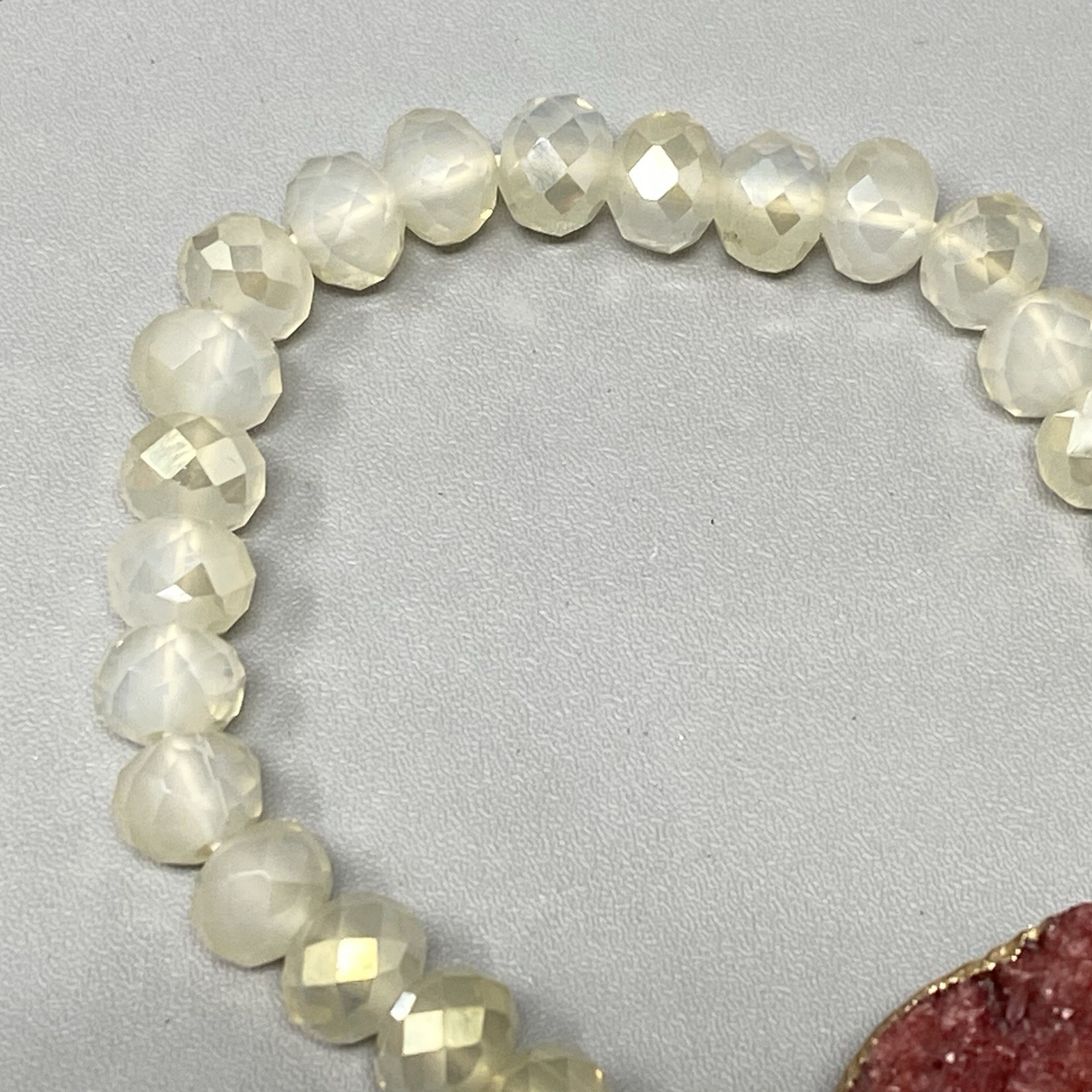Druzy Stone Bracelet Cream Iridescent Fire Polish Faceted Pink Stone Stretch 6.5