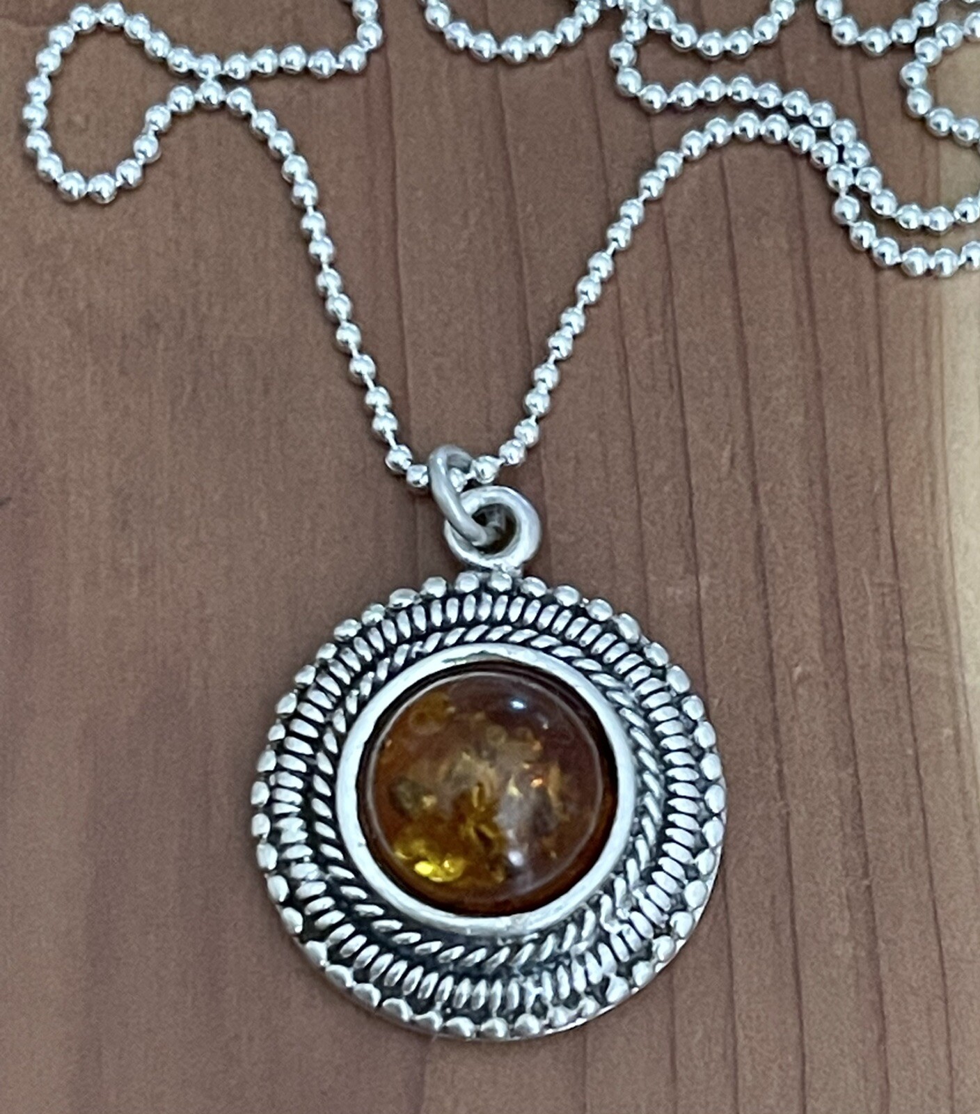 Vintage 925 Sterling Bali Beads, Honey Amber Round Pendant Necklace 16”-17.5” in