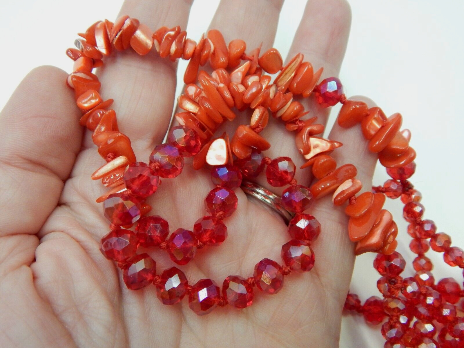 Coral Pink Abalone & Fuchsia Red Aurora Borealis Crystal Beaded Necklace Knotted
