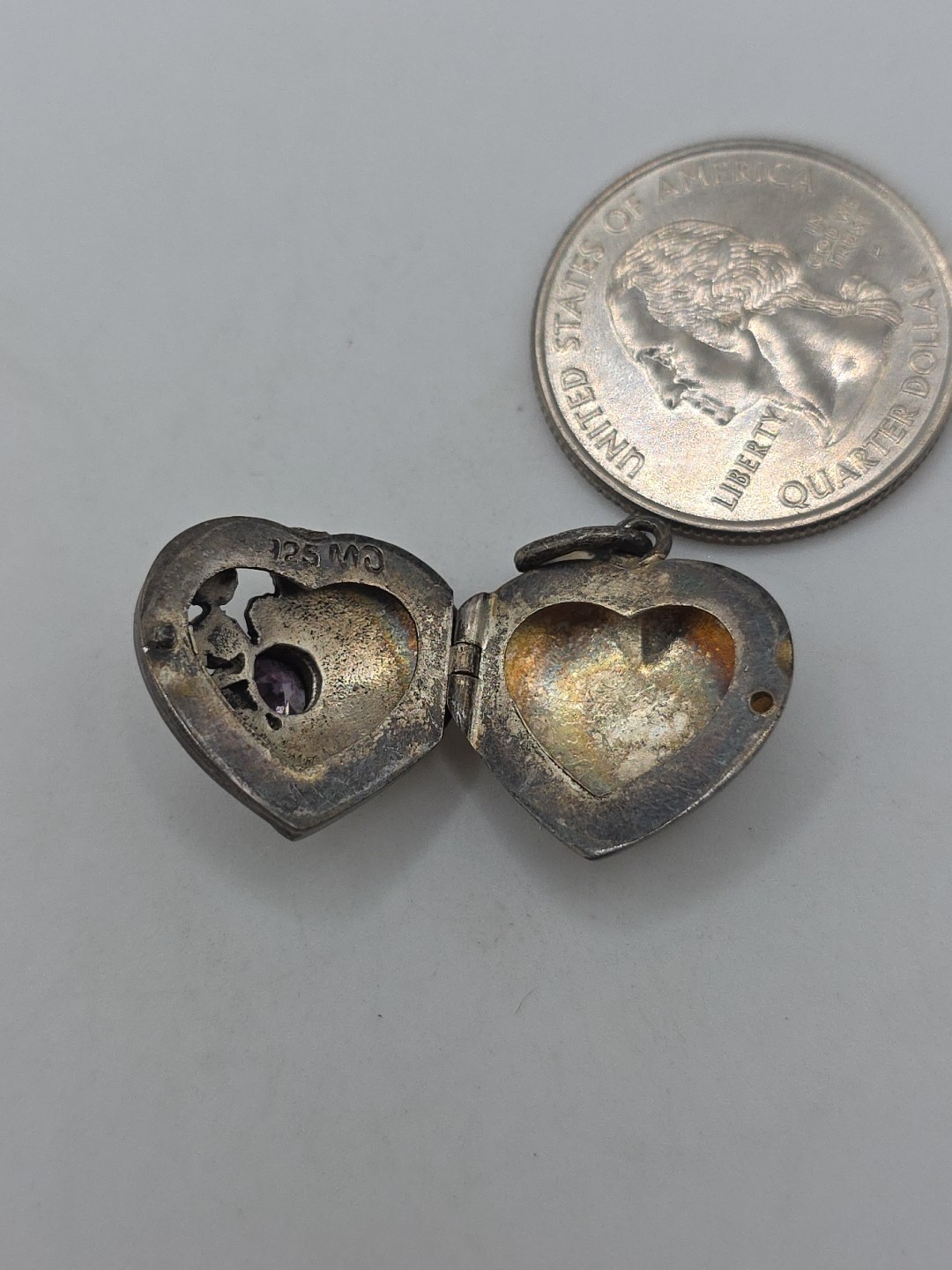 Vintage Sterling Silver 925 CW Amethyst Marcasite Heart Locket Pendant 6g
