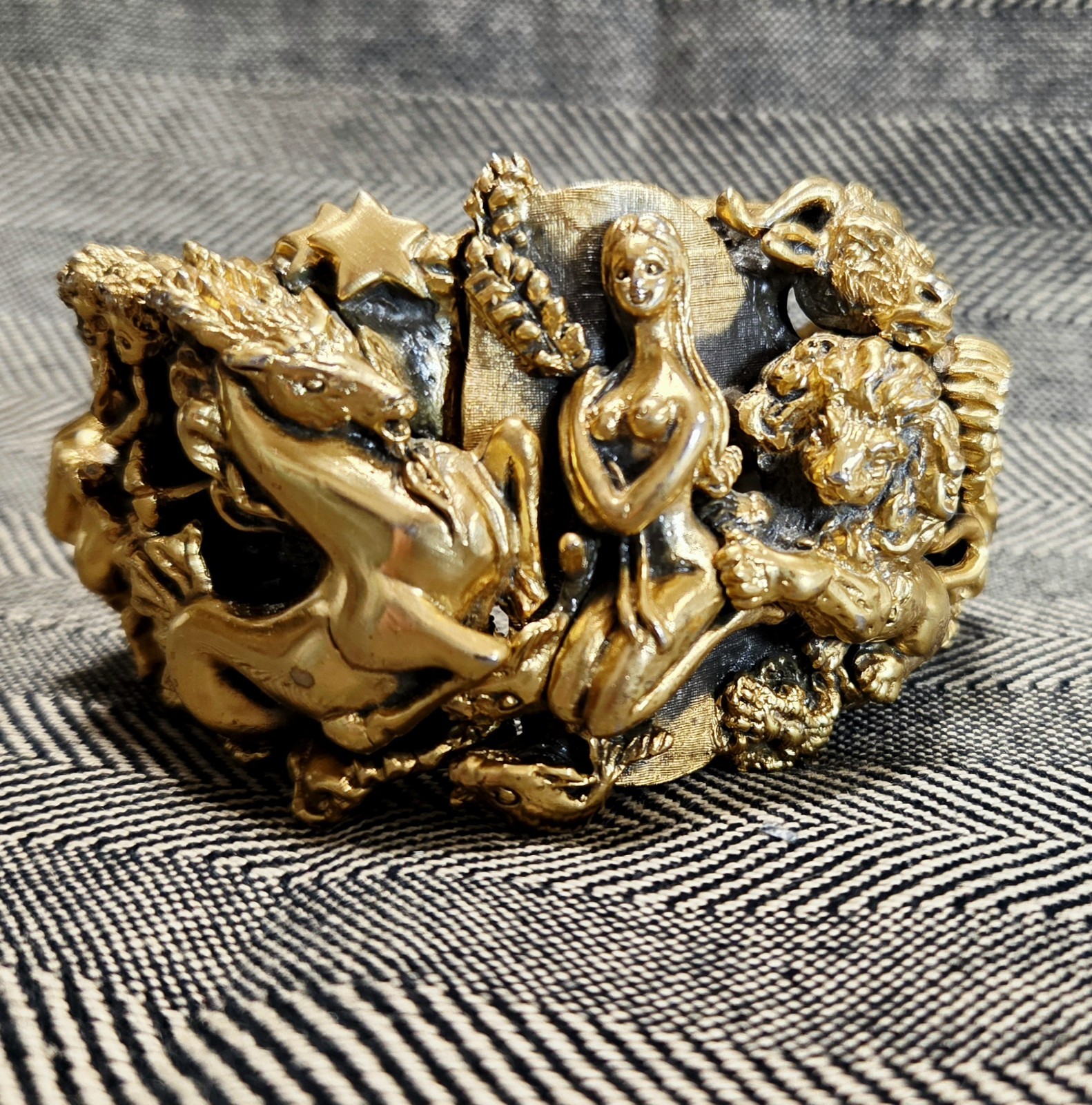 Tortolani Zodiac Clamper Cuff Bracelet Brutalist Sculptural 60s Signed Costume