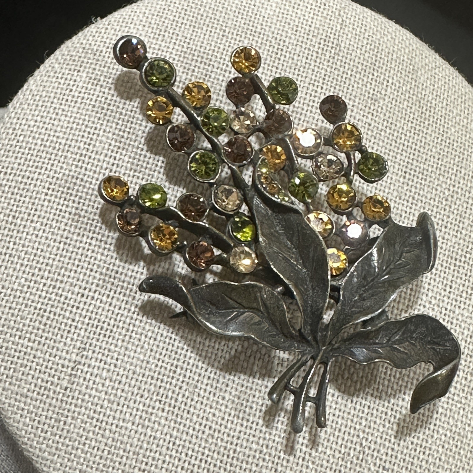 Vintage Rhinestone Leaf Spray Brooch Green Gold Brown Fall Colors Sparkle Autumn