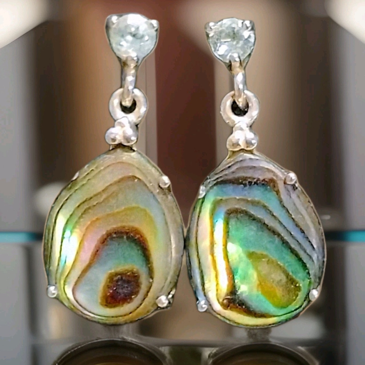Nevada Silver Company 925 S.S. Abalone Paua Shell Blue Topaz Drop Earrings