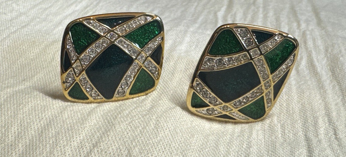 D.S. Coe Blue/Green Earrings With Clear Rhinestones CLIP ON