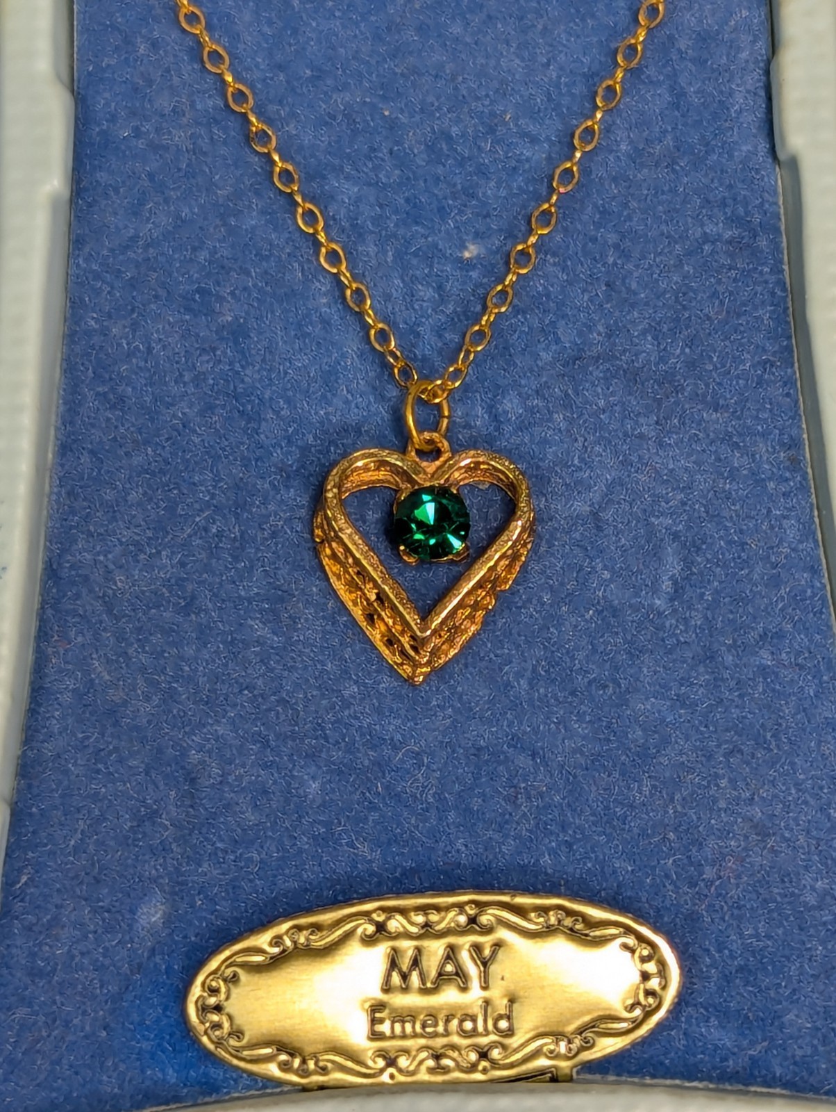 Vintage Gold Filled Chain Necklace 16″ Emerald Filigree Heart Pendant May