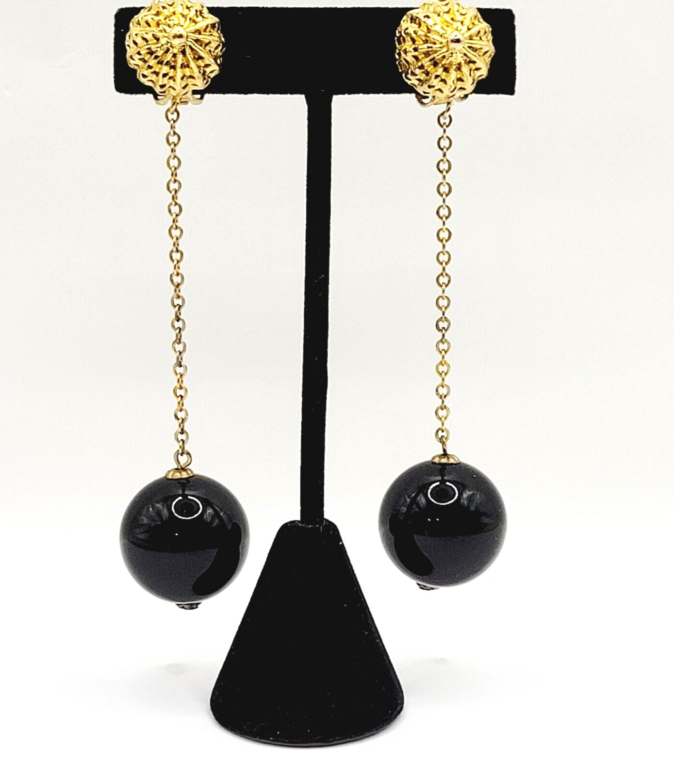 DeNicola Black Ball & Chain Long Drop Dangle Runway Gold Tone Clip On Earrings