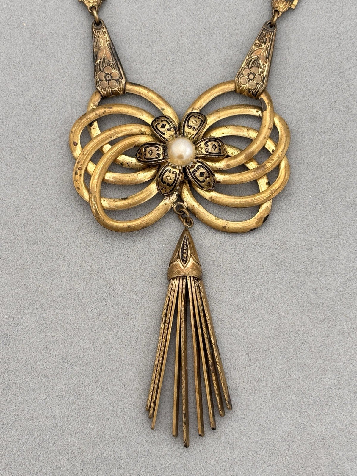 Antique Book Chain Gold Tone Necklace Floral Etched Bow Articulated Pendant