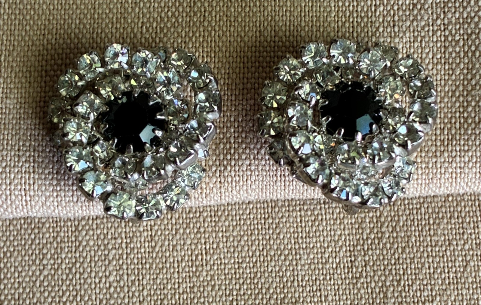Vintage Black Clear Rhinestone Clip Earrings Double Halo Silver Tone 3/4″