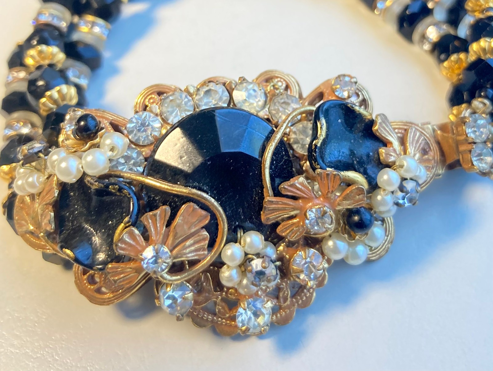 Vtg Unsigned Demario / Haskell 3 Strand Jet Black Glass Bracelet w Cluster Clasp