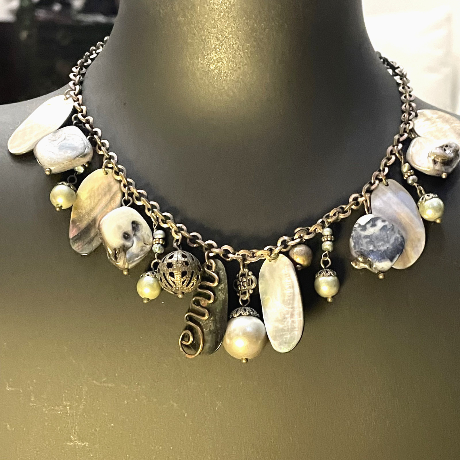 Vintage Lia Sophia Geometric Multi Color Stone & Dangles Brass Tone Necklace 16″