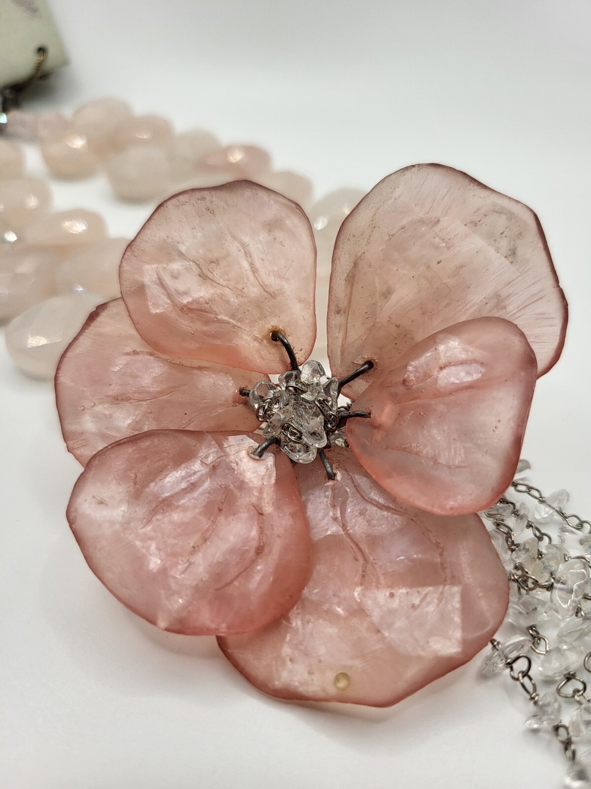 STUNNING Vintage MAYA Faceted Rose Quartz Rock Crystal Large Flower Necklace