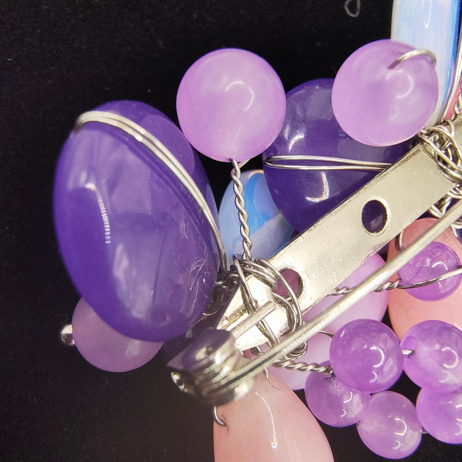 Chunky Purple Art Glass Brooch Pin Silver Tone Glass Beads Cluster Wire Abstract