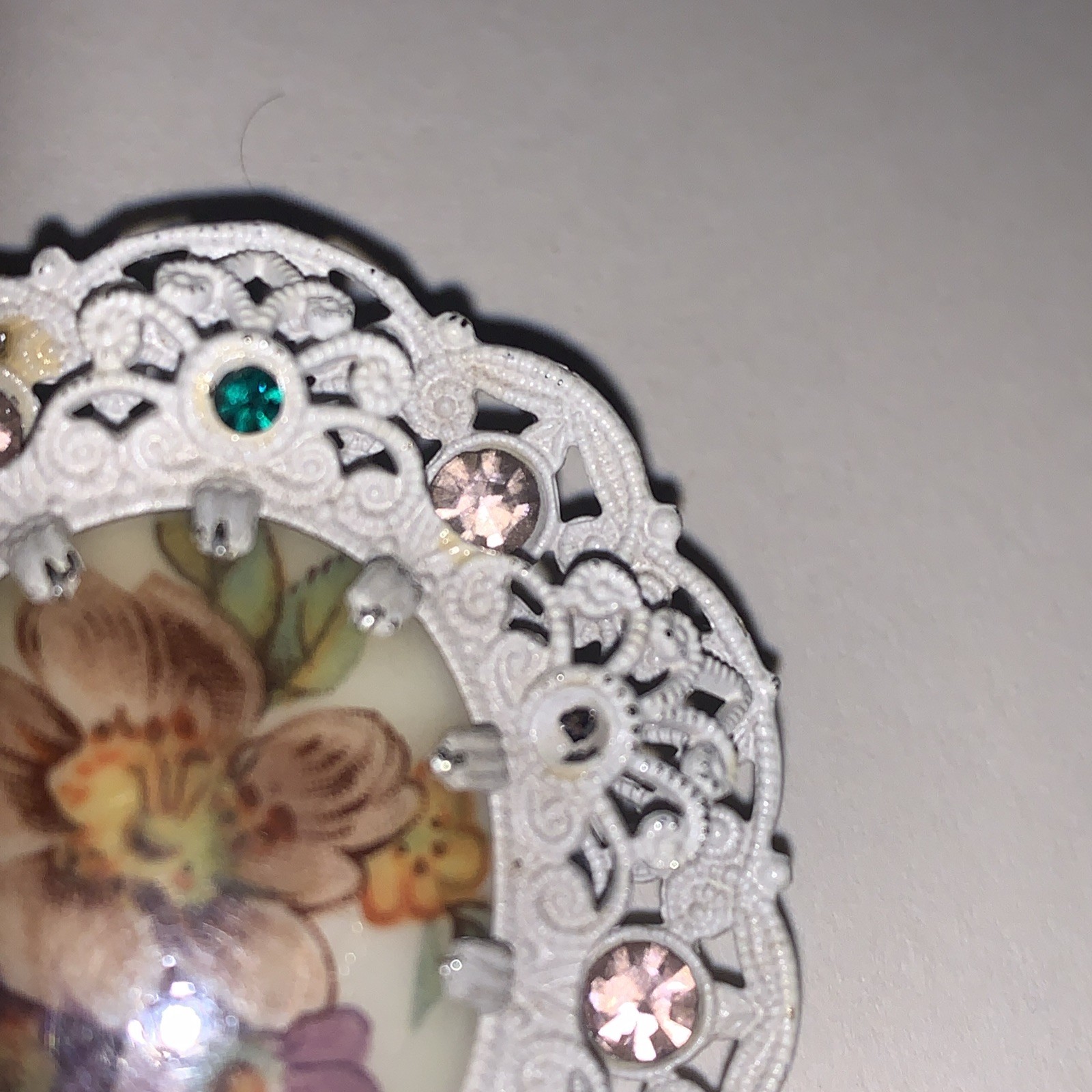 Vintage Hand Painted Brooch W Germany Purple & Green Rhinestones White Filigree