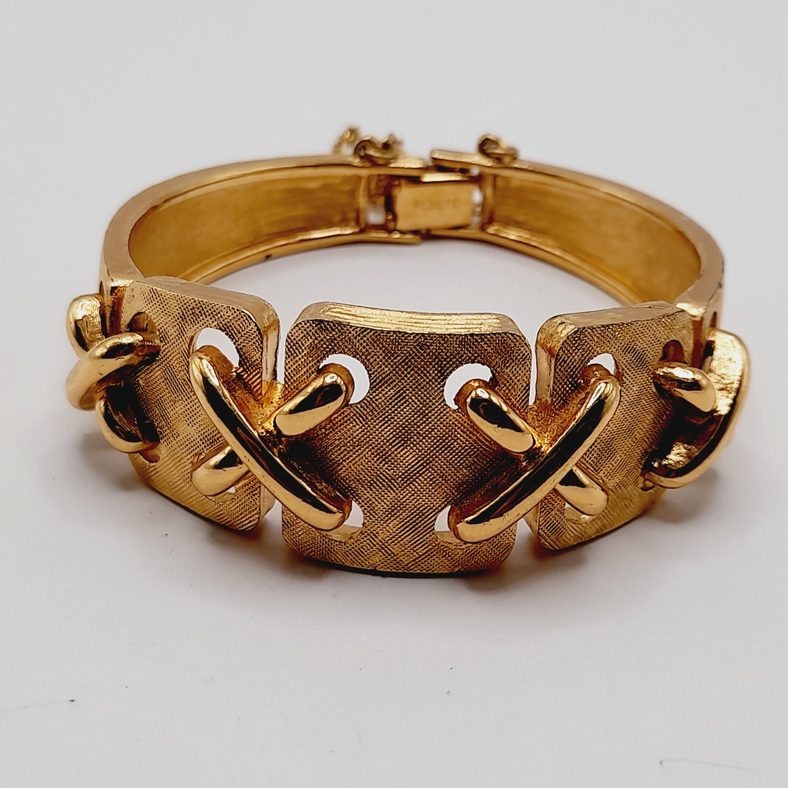 Vintage Monet Gold Tone Panel Bracelet Fold Over Clasp Safety Chain