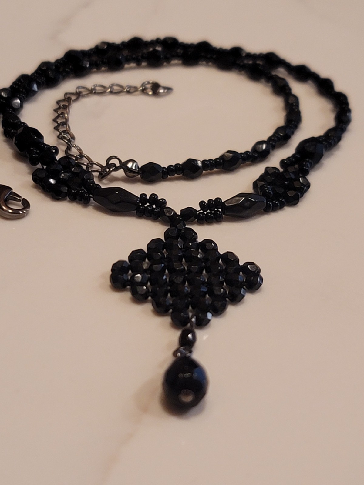 Vintage Black Faceted Bead Necklace Teardrop Pendant Gothic Formal 18″