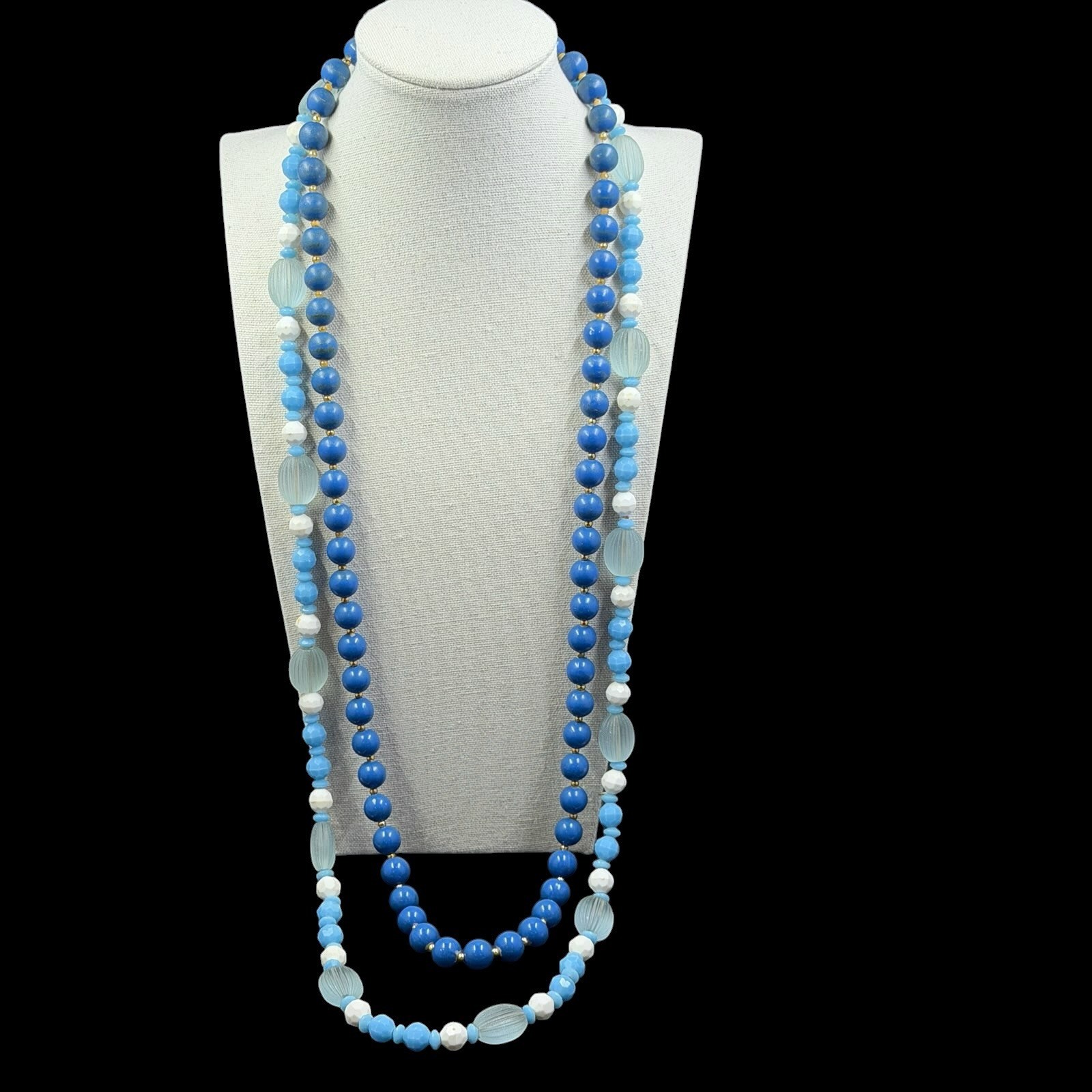 Vintage Blue Beaded Necklace Set 2 Strand Bundle Long Layered Coastal Boho