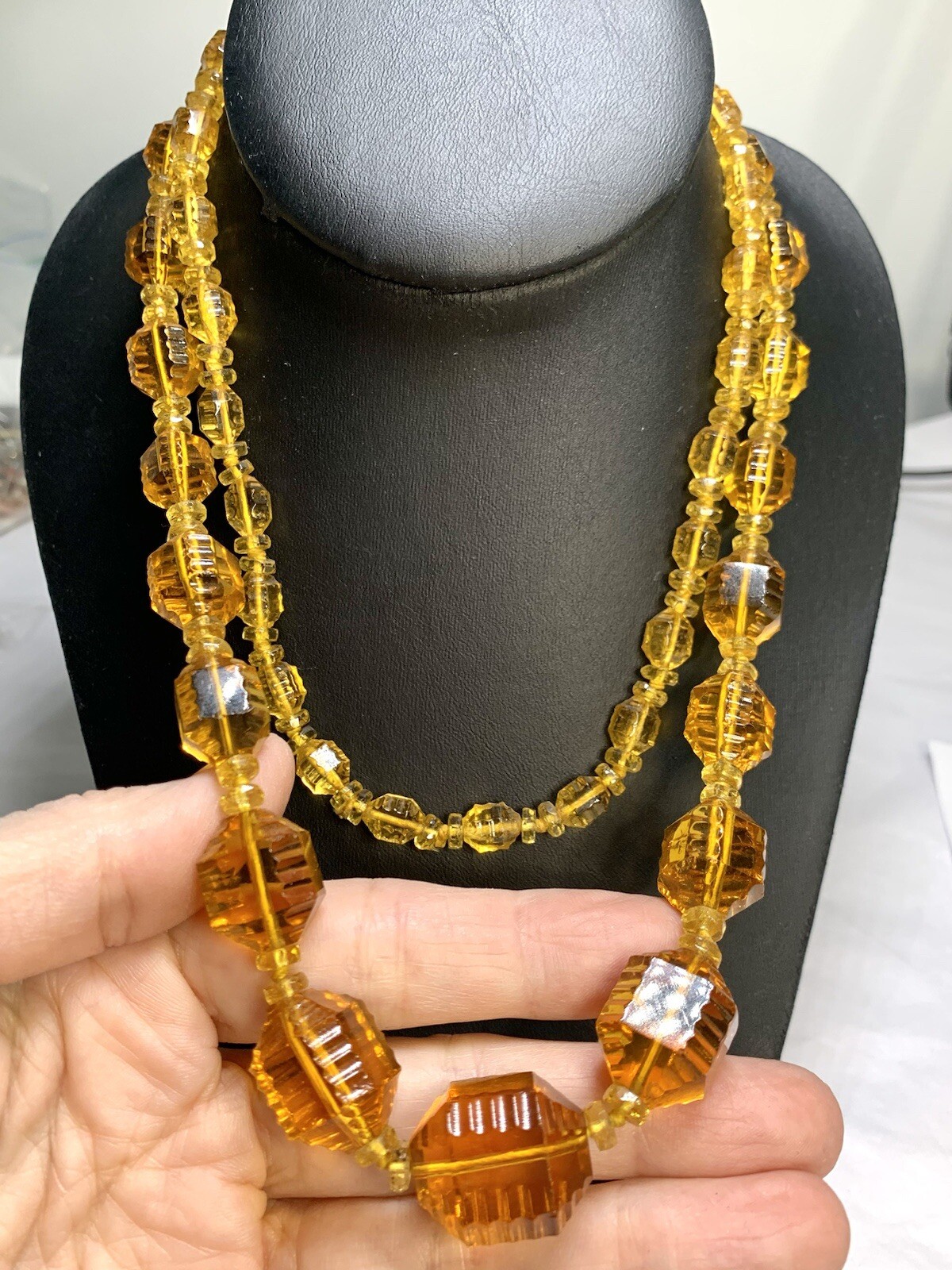 Vintage STUNNING Amber Czech Glass Lozenge Hand Knotted Beaded Necklace 36″ !