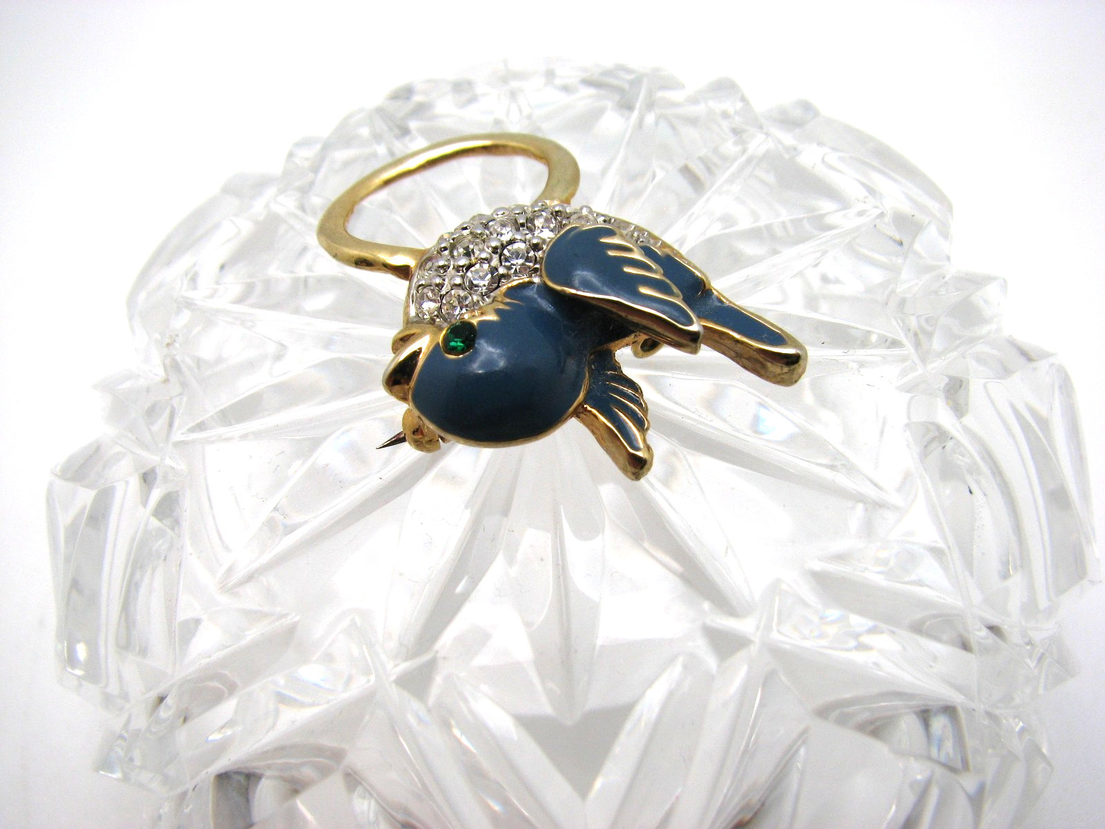 Vintage Enamel & Pave Crystal Bluebird of Happiness Charm/Eyeglass Holder Pin