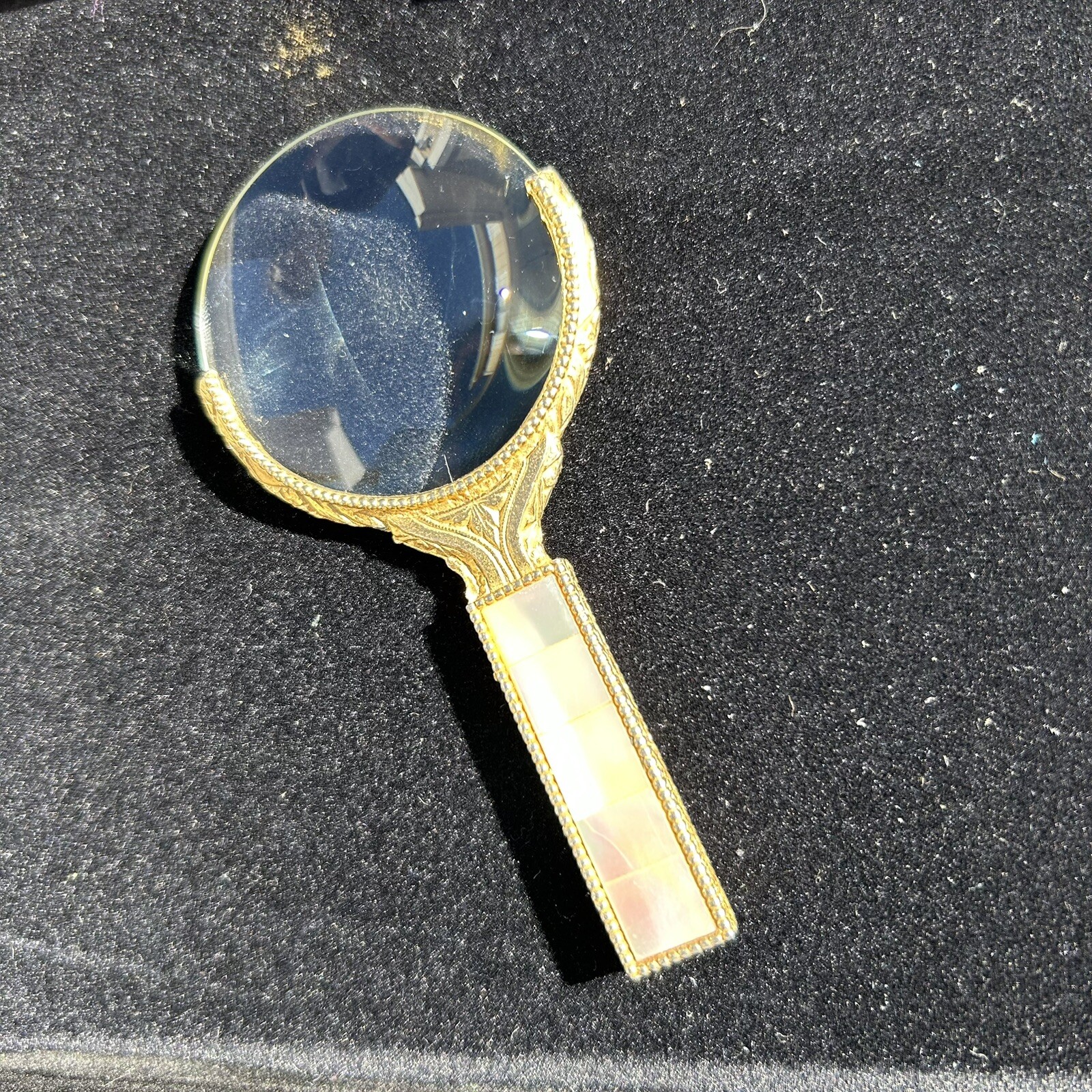 Art Deco Ornate Gold Mother of Pearl Magnifying Glass Circa 1920’s Measures 4″ L