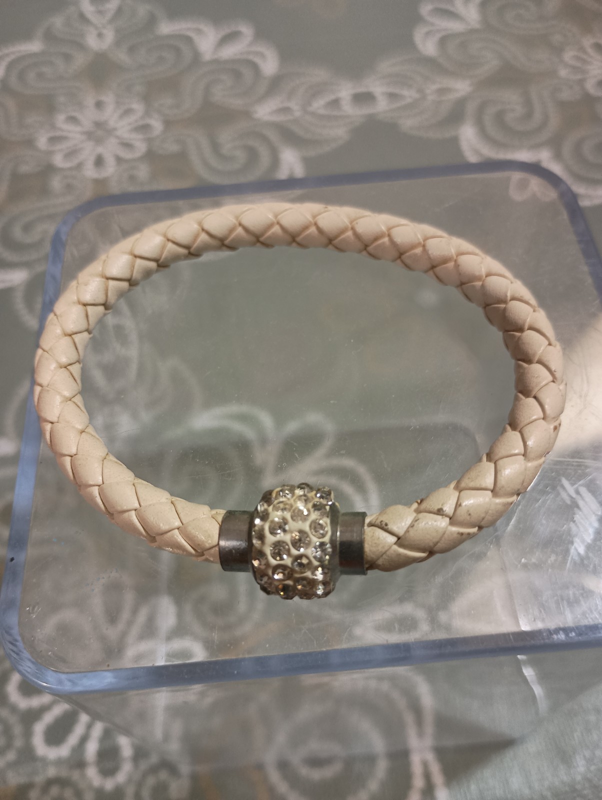 Vintage White Braided Leather Bracelet Crystal Rhinestone Bead Silver Tone Clasp