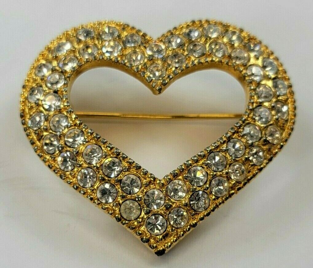 Heart Brooch Vintage Gold-Tone Pave Rhinestones 41mm x 39mm Made in USA