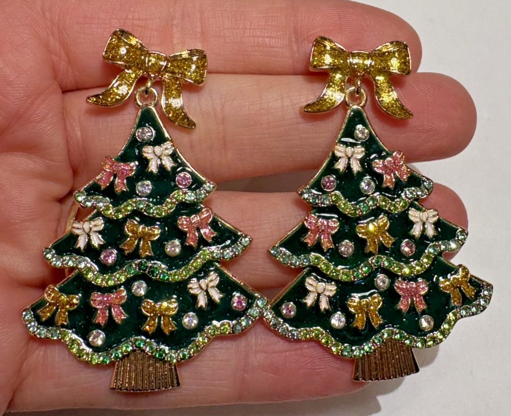 NWT Sugarfix Huge Christmas Tree Enamel Bow Rhinestones Dangle Stud Earrings