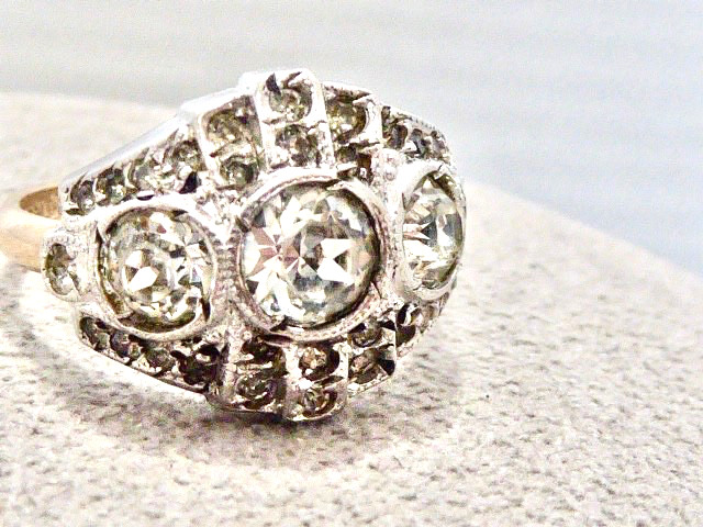 ANTIQUE EDWARDIAN 10K YG ON STERLING SILVER SIZE 6.75 CLEAR STONE RING DECO RING