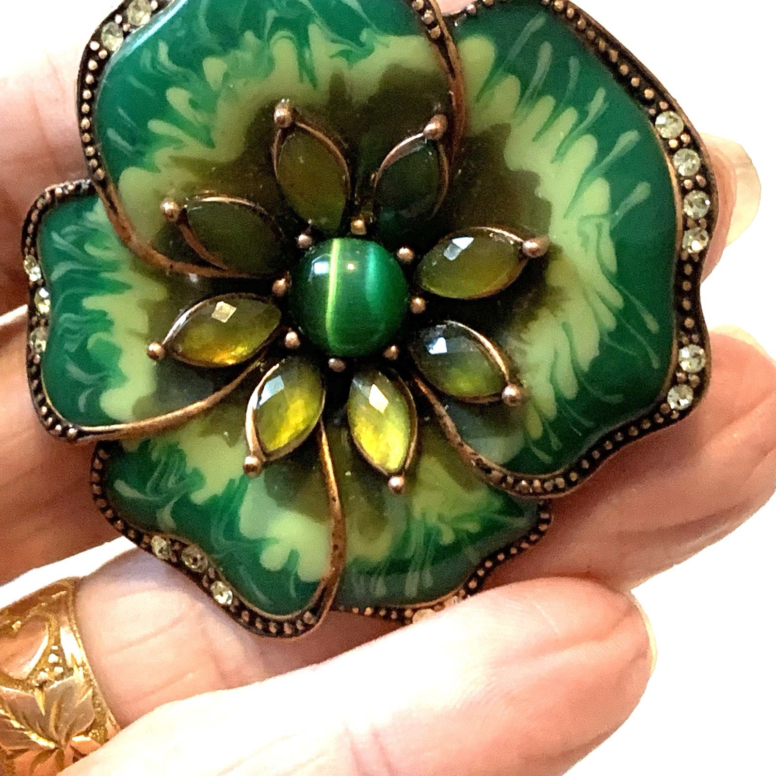 VTG Liz Claiborne Vibrant Brooch Green & Lime Enamel Pansy Cats Eye Flower Pin