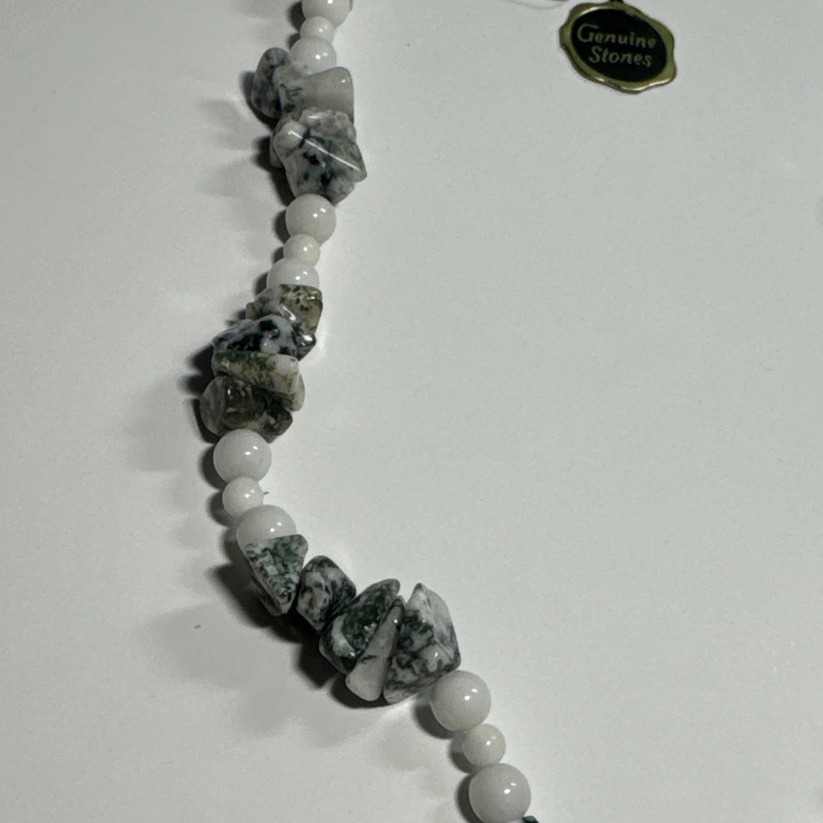 Moss Agate & White Bead Necklace Sterling Silver Clasp W/ Tag 17” Very Pretty
