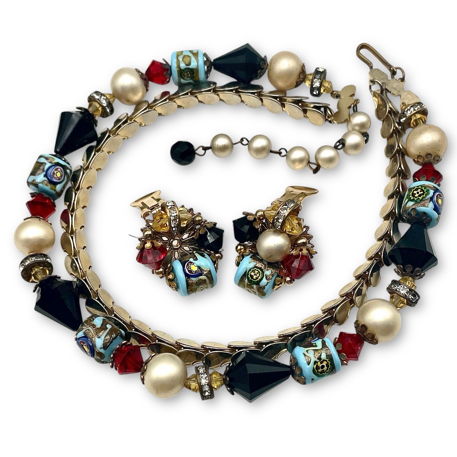 Vintage Demi Parure MILLEFIORI GLASS Beads Chain Necklace Earrings Italy READ