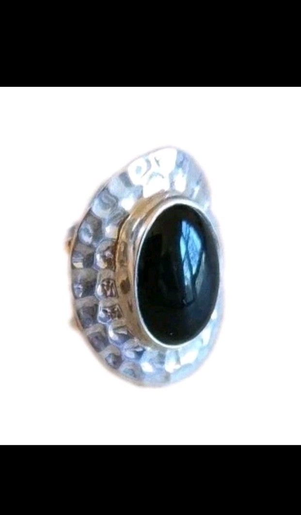 Sterling Silver ATI Mexico Onyx Hammered Handmade Oval Statement Ring Size 9