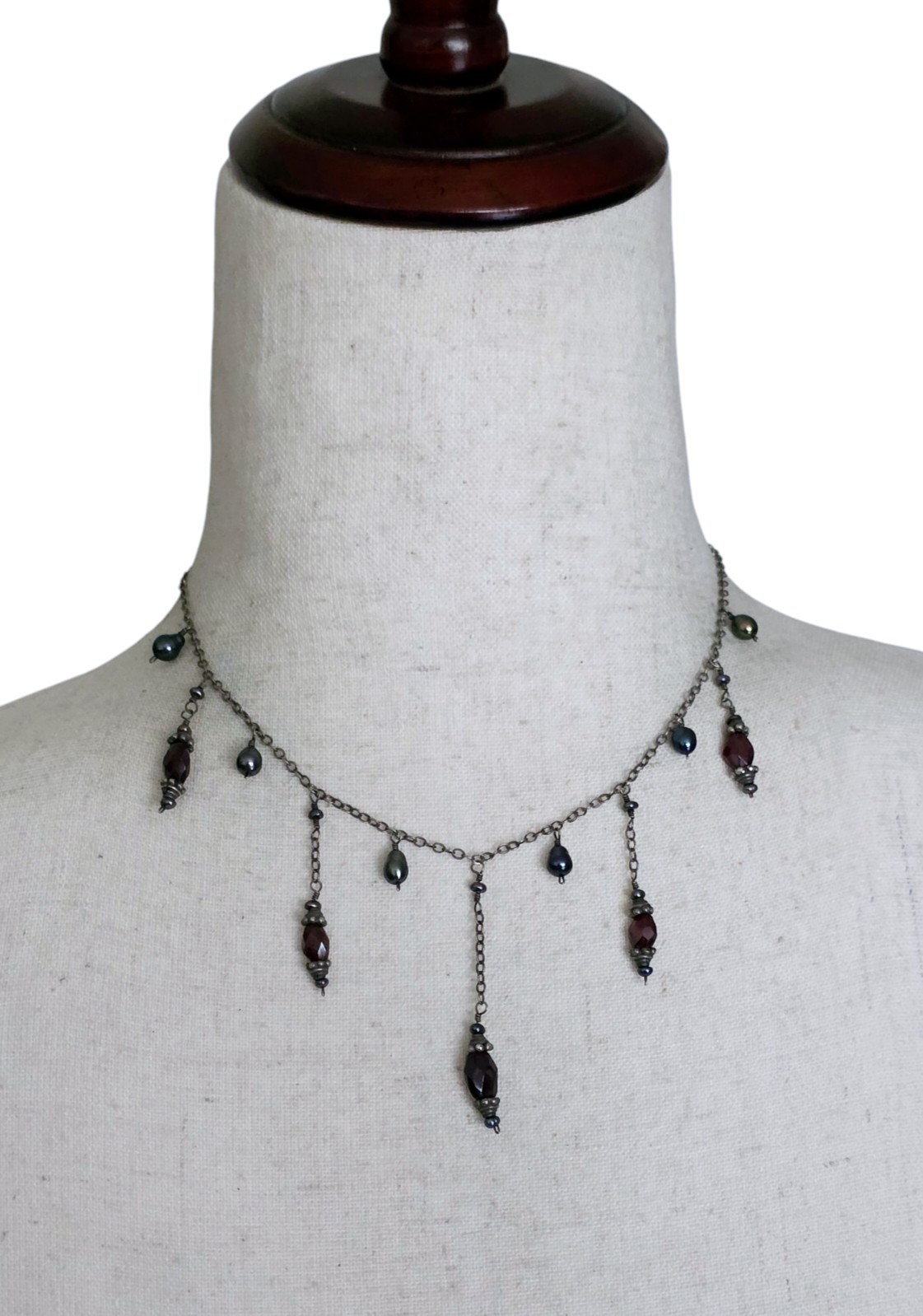 Vintage 925 Sterling Silver Garnet Pearl Festoon Dangle Necklace 15″ Choker