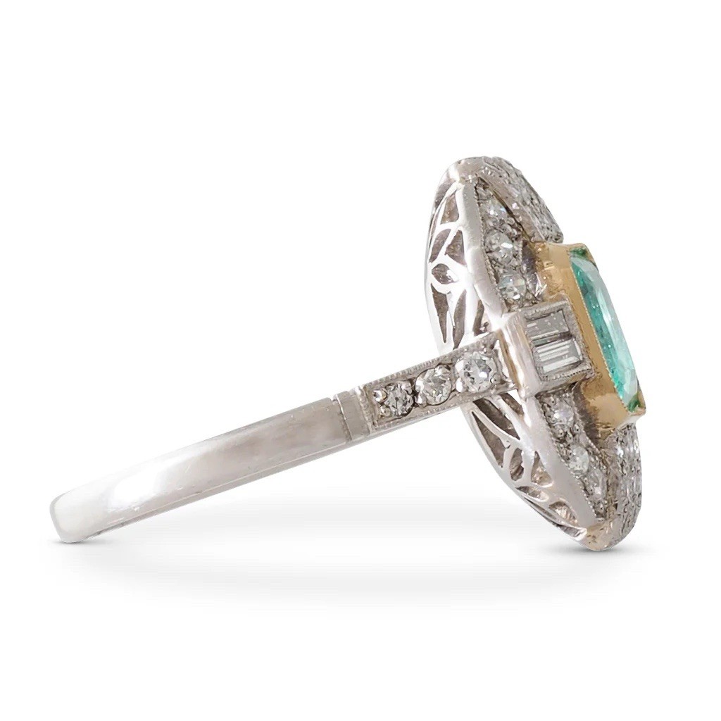Art Deco 1.31 Ct Emerald Diamond & Baguette Vintage Statement Ring in 935 Silver