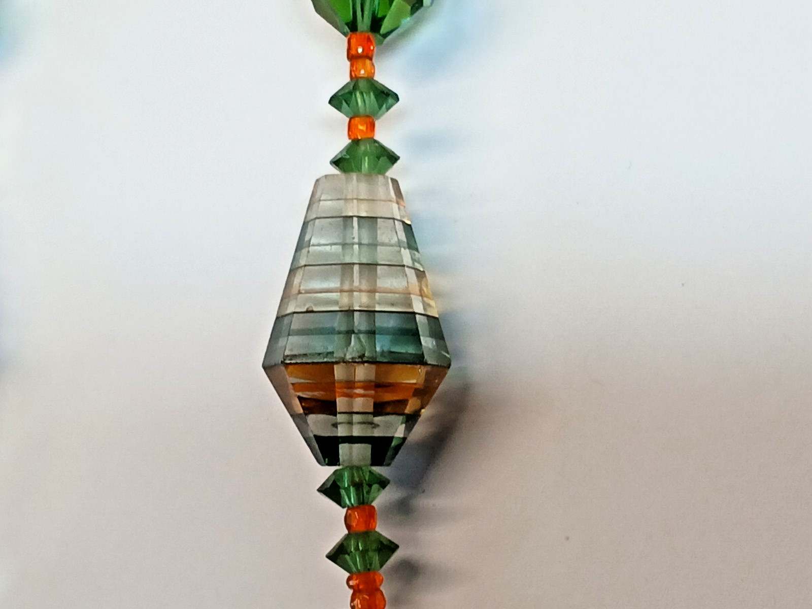 Vendome Green Orange Spiral Striped Bicone Cyrstal Bead Necklace RARE Vintage