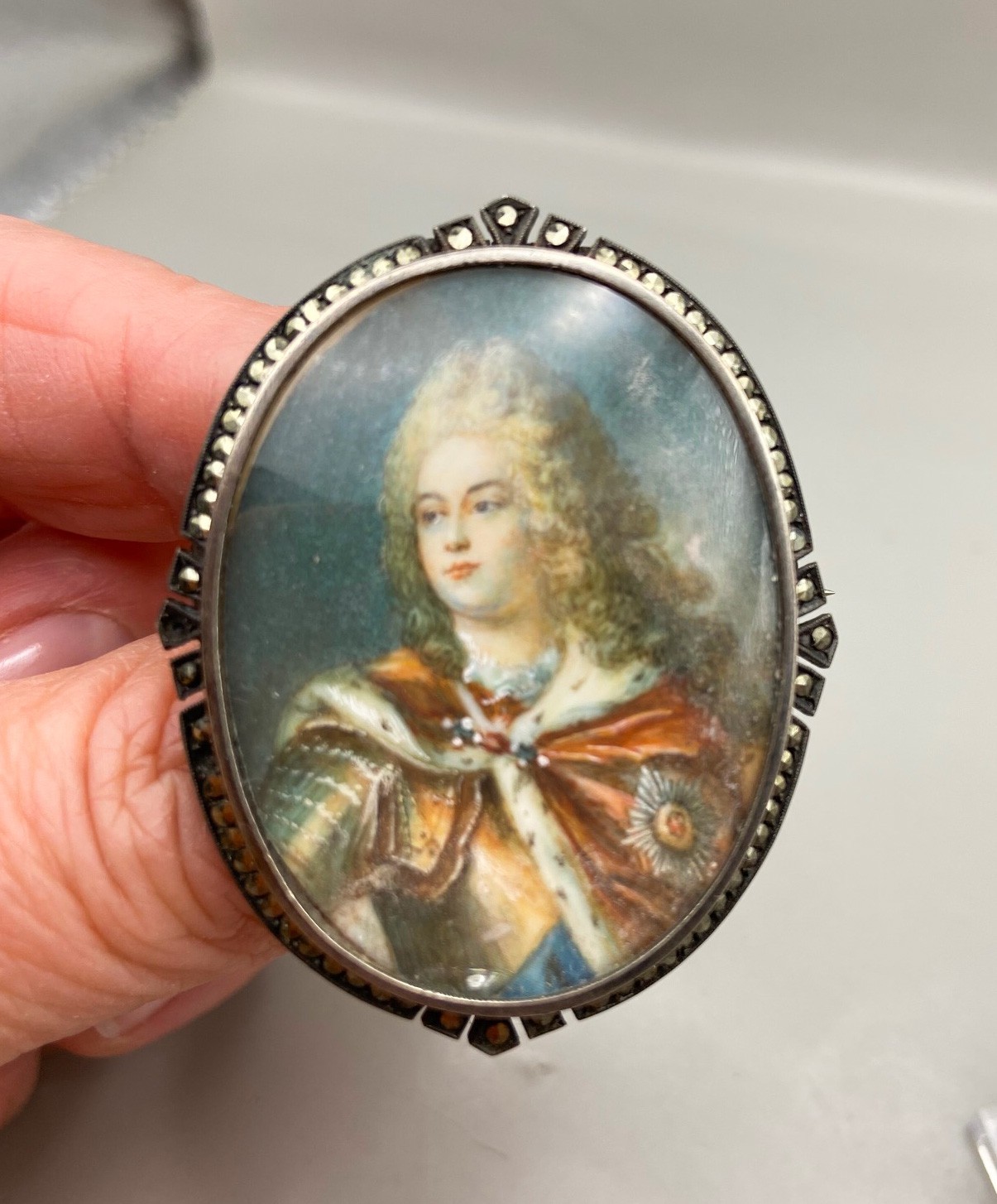 Antique Sterling Portrait Miniature Yong August II the Strong Brooch Pendant