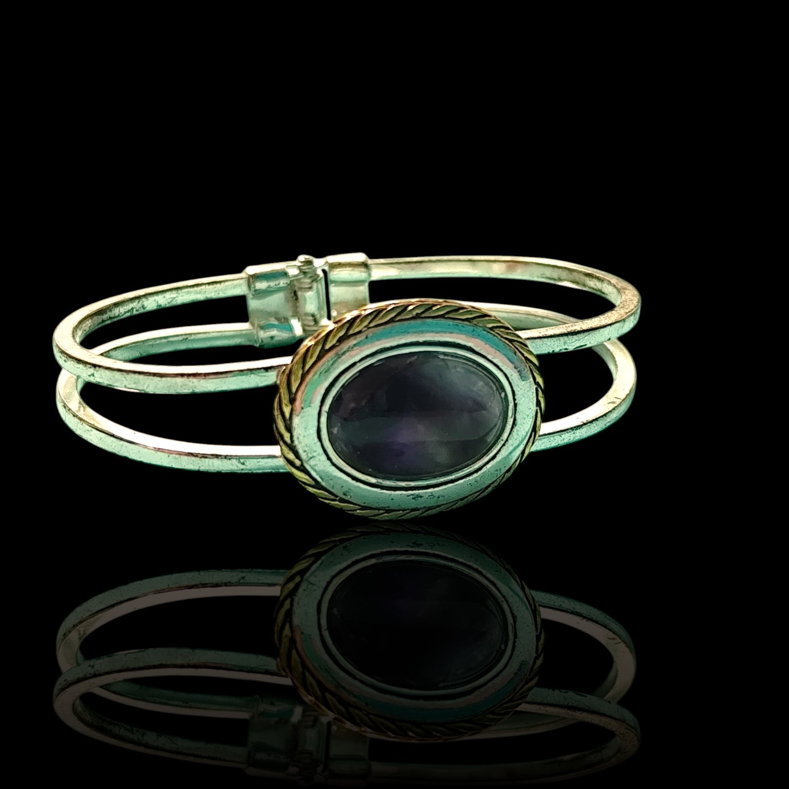 Silver & Gold Plated Purple Fluorite Oval Bangle Bracelet 7.5in