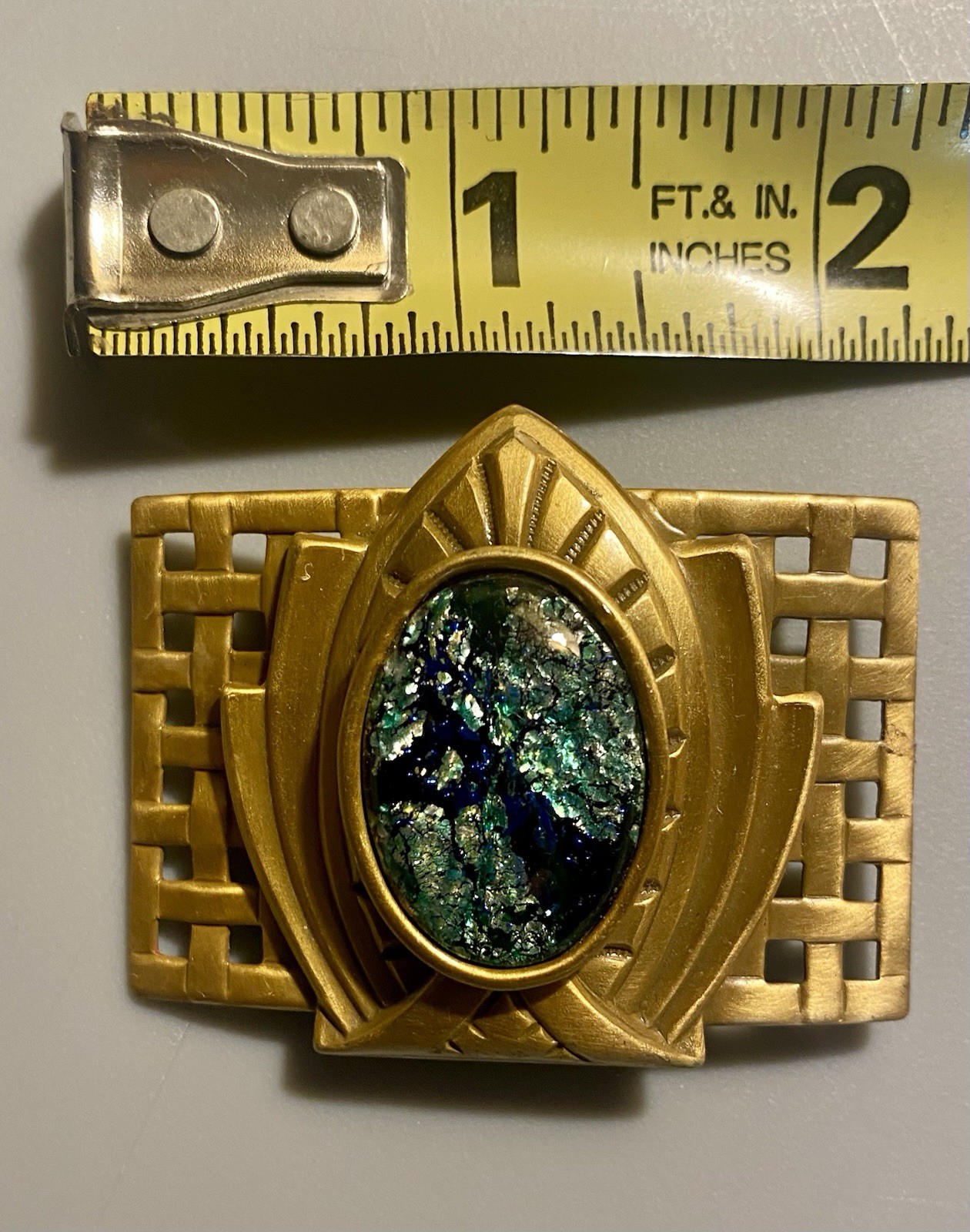 Vintage 80’s Art Deco Style Foil Cabochon Brass Tone Brooch Statement Piece