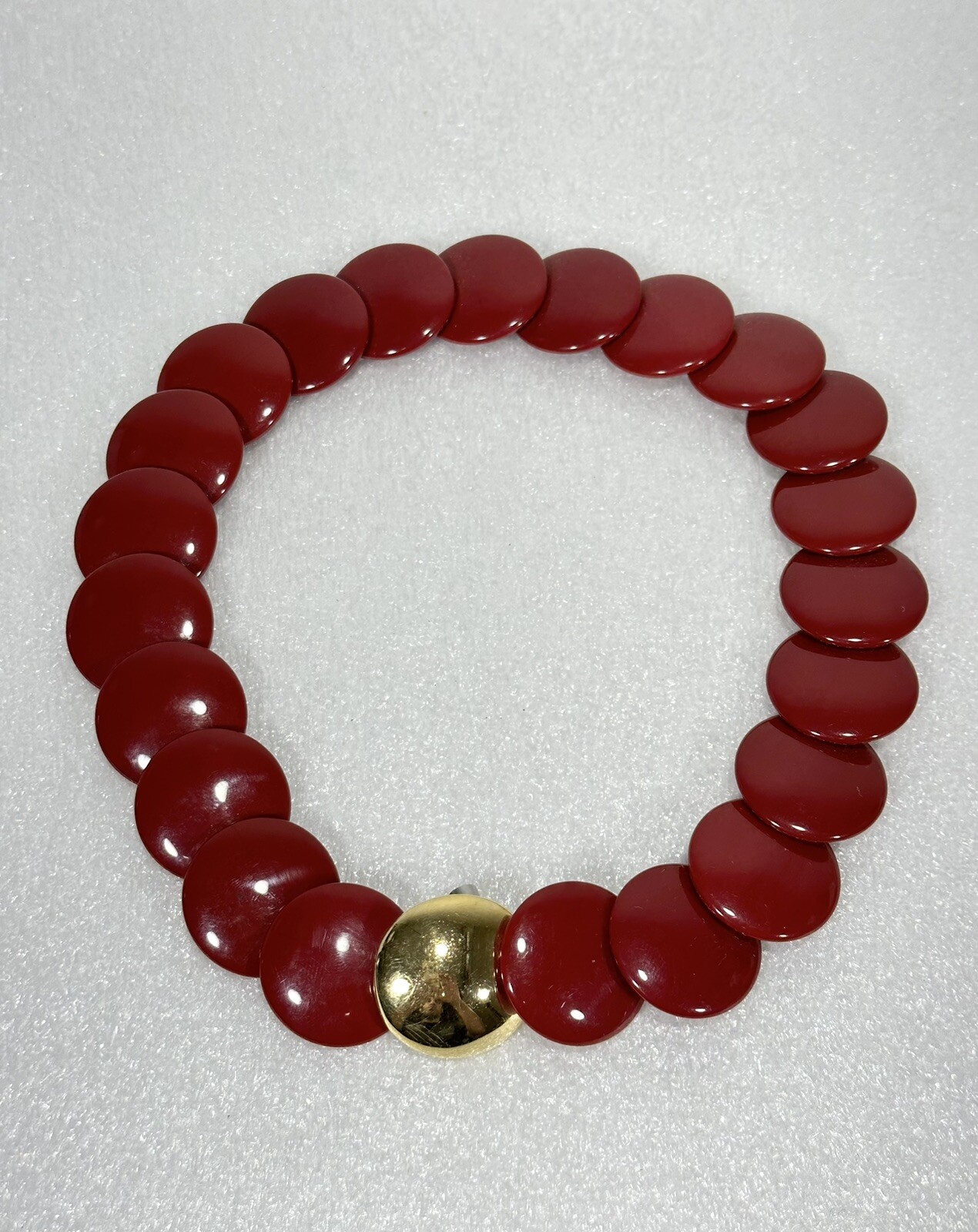 Vintage Signed Trifari ~ Red Lucite Disc Retro Statement Burgundy 17″ Necklace