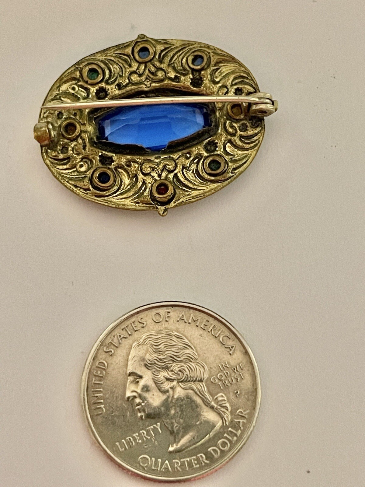 Art Nouveau Blue Lozenge Fruit Salad Czech Glass Goldtone Filigree￼ Brooch