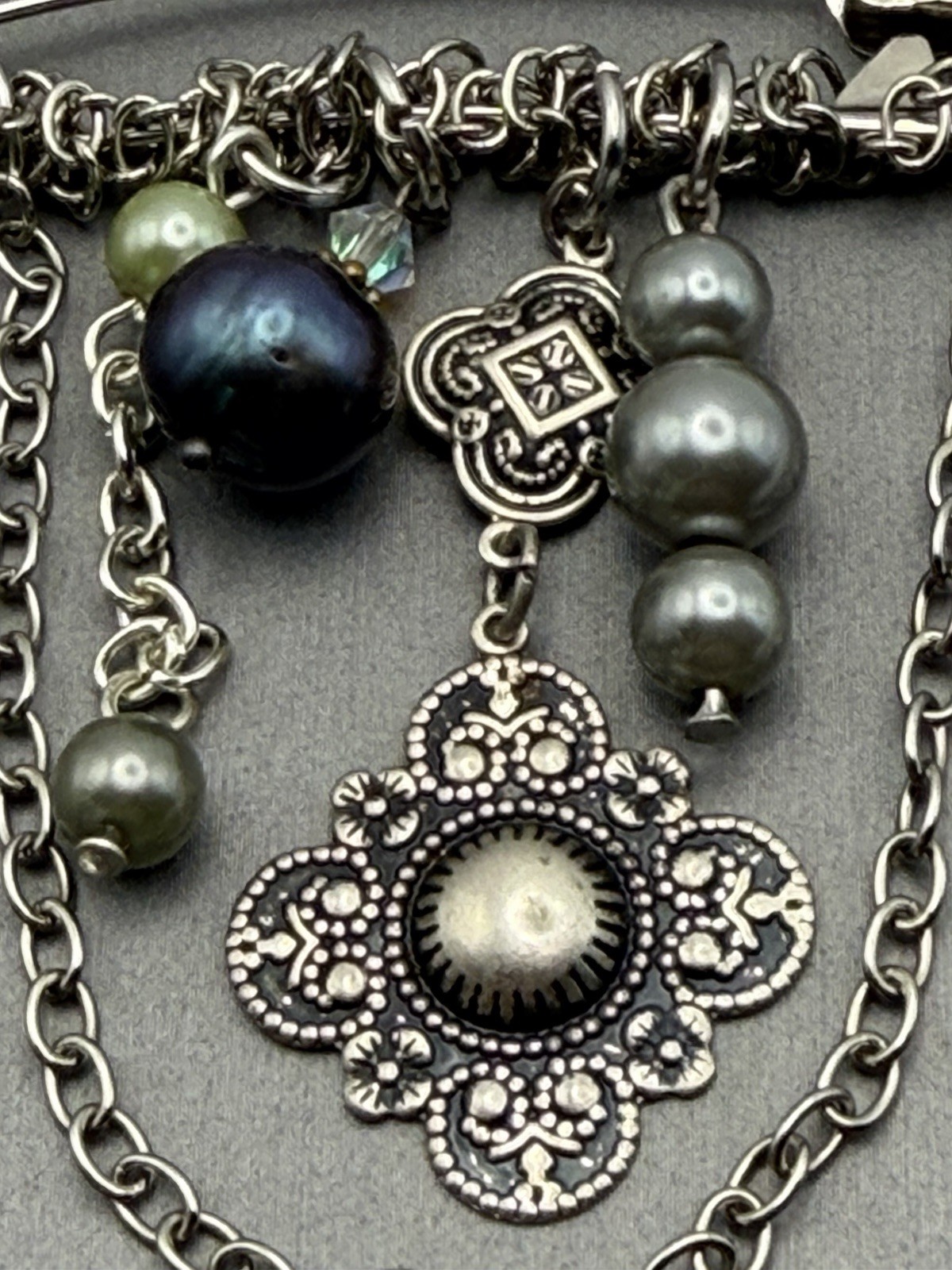 Medallion & Baroque Pearl Style Charm Silver Tone Safety Pin Brooch
