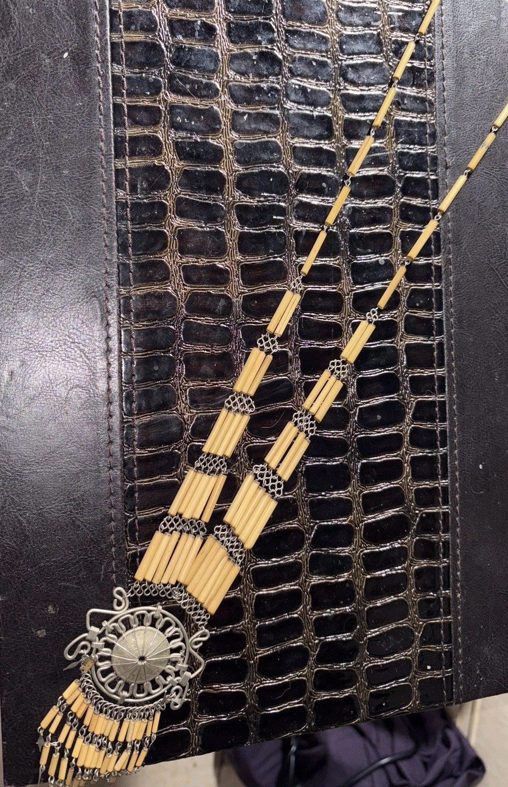 Vintage Peruvian Bamboo Hand-Wired MIGUEL GRAU Coin & Metalwork Tassel Necklace