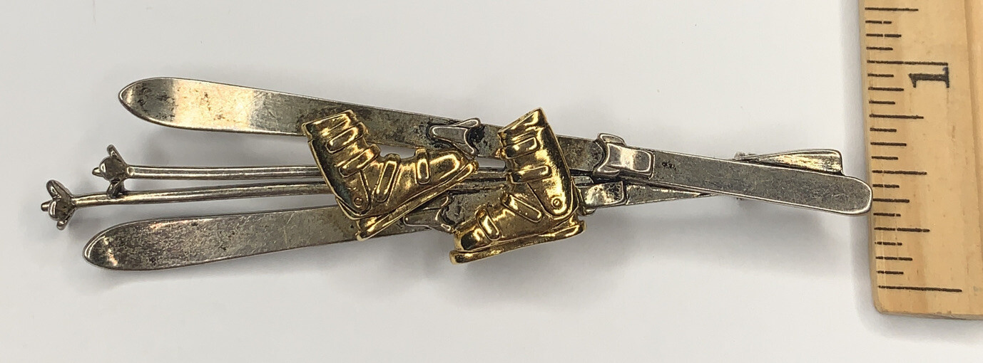 DARLENE Big Winter Skiing Brooch Ski Poles Boots Skis Signed Two Toned 15g VTG