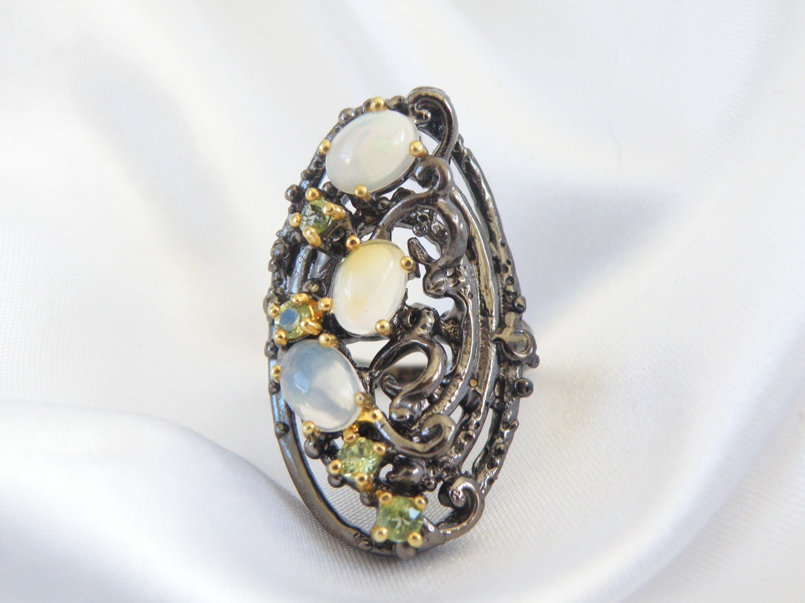 Brutalist Sterling Silver 925 Ethiopian Opal Peridot Modernist Ring Size 8