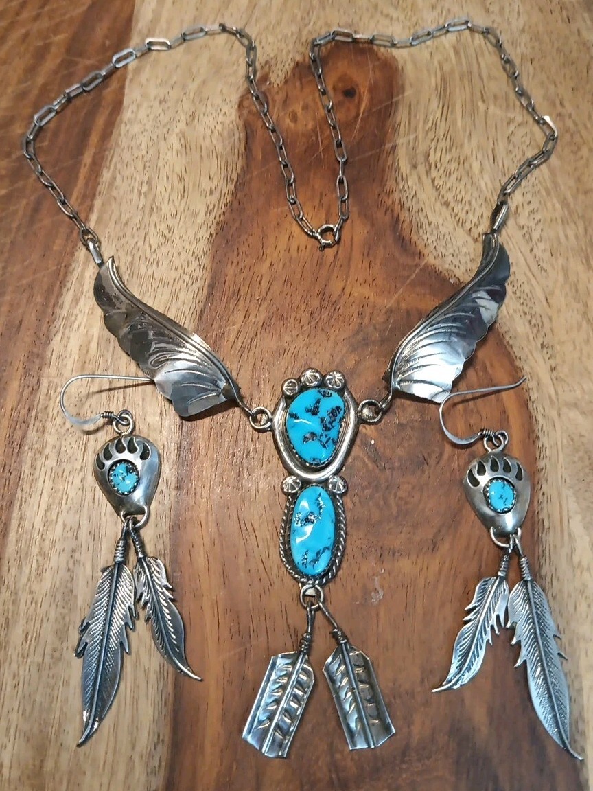 VINTAGE NAVAJO TURQUOISE STERLING SILVER FEATHER NECKLACE & EARRINGS 25.7 Gram