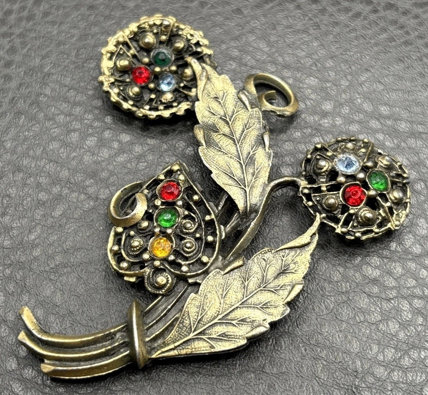 Huge Vintage Pot Metal Flower Leaf Brooch Fruit Salad Rhinestone Flower Bouquet