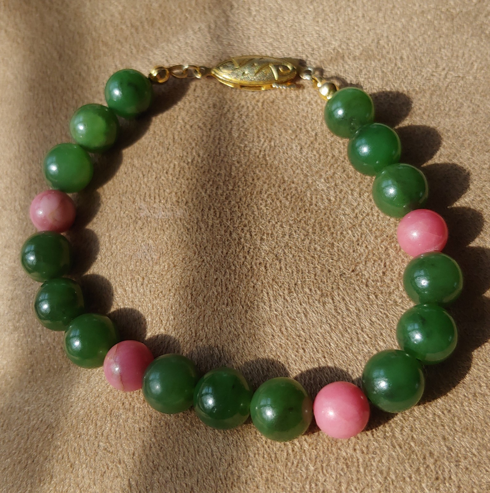 Natural Type A Jadeite & Pink Zoisite Bracelet (Mid-Century Export)