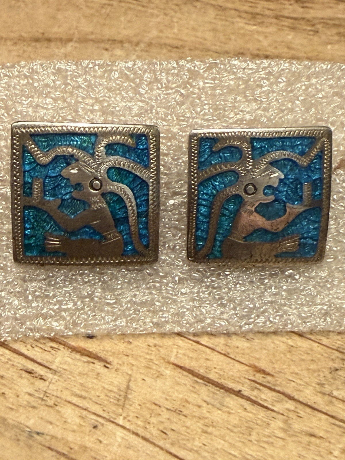 Vintage silver 900 Guatemala Alpaca Silver / Inlaid Turquoise Cufflinks / 9.3 G