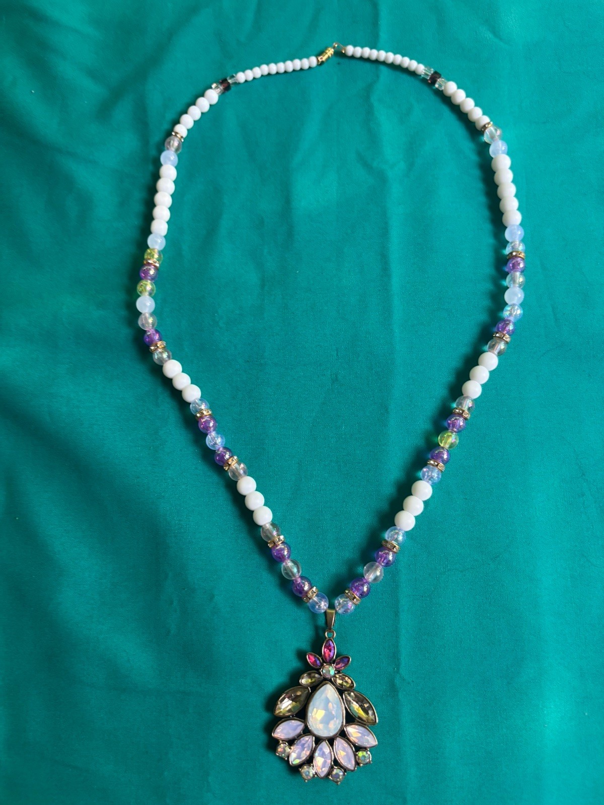 Statement Necklace Large Pendant Pink Purple White Clear Iridescent 26”